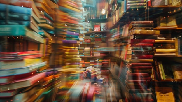 un brumoso fondo de estantería apilado alto con libros creando un sentido de preguntarse y curiosidad para clientes examinando el libro pararse. foto