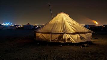 Amidst the chaotic energy and vibrant chaos of Burning Man a tent glows with a peaceful aura. The distant blur of the infamous bonfire adds a touch of mystery to the serene atmosphere photo