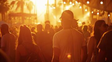 The bustling atmosphere of Coachella Cool swirls in a hazy blur behind the sleek tent interior where artists and fans unite in a symphony of sound and movement. The defocused backdrop photo