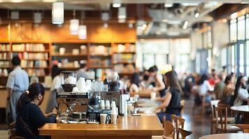 A defocused view of a bustling cafe corner in the library with baristas at work behind the counter and customers gathered around tables in lively conversations. The blurred scene captures photo