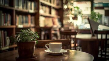 A hazy image of a small cafe tucked away in a quiet corner of the library where book lovers come to relax recharge and connect over a cup of coffee. The defocused background accentuates photo