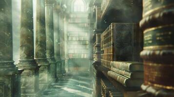 Defocused Pillars of leatherbound books tower in the background their words melting into a hazy mirage. This classic space offers a peaceful refuge for indulging in the stories of photo
