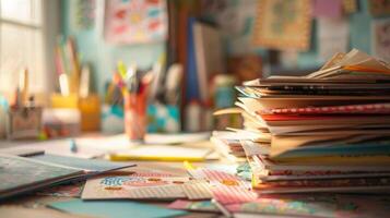 Behind a hazy layer of bokeh we catch a glimpse of a craft enthusiasts desk cluttered with halffinished projects and a variety of craft paper ss. photo