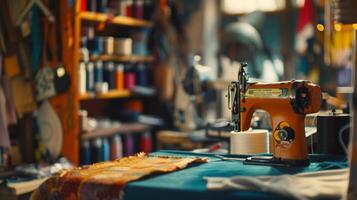 In the haziness of the defocused background shapes and shades of raw materials emerge providing a glimpse into the creative chaos of a bustling sewing room. photo
