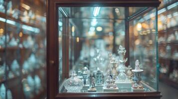 Defocused rows of delicate glass cases each holding a piece of Hazy Historys mysterious past. photo
