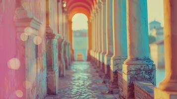 Defocused pastel hues of blurred temples and columns transport viewers to ancient civilizations long forgotten sparking a sense of nostalgia and reflection on the passage of time. photo