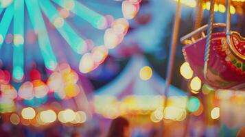 Vibrant bursts of color from carnival rides and bustling crowds blend into a hazy canvas enhancing the magical atmosphere of a summer carnival at dusk. photo