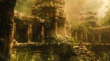 Blurred Ancient Ruins Ast overgrown foliage and tered stones the ruins of an ancient civilization emerge their opulence and grandeur still visible through the dreamlike defocused haze. photo