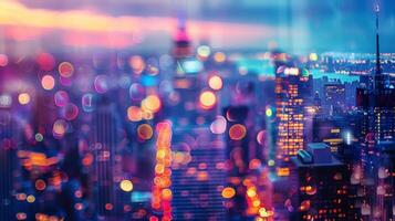 Defocused Urban Skyline Glimmers of light from the bustling city below peek through the blurred bokehfilled skysers creating a mesmerizing backdrop for the neonlit streets. photo