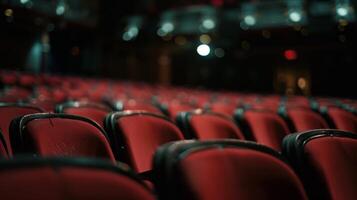 Defocused rows of empty seats create a sense of anticipation for the upcoming show as the dimly lit stage remains silent in the background. photo