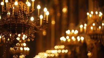 Defocused chandeliers glimmering in the background creating an eerie and mysterious atmosphere in the grandiose opera house. photo