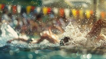 A bustling and energetic scene with splashes of water and the blur of swimmers fighting their way through the pool all set against a hazy and indistinct background of cheering spectators photo