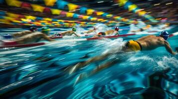 A dynamic and chaotic view of a swimming race in progress with the water appearing almost ethereal in its blurriness and the swimmers indistinguishable in their fastpaced strokes all photo