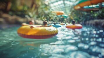 Defocused The hazy view of a family floating lazily on colorful tubes in the lazy river laughter echoing through the cavernous indoor water park. photo