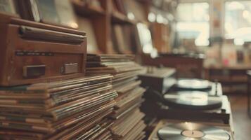 Soft focus captures the hazy warm glow of vintage record players amidst a sea of old LPs in a cozy intimate corner of a record store inviting you to browse and explore. photo