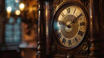 The soft blur of an aged grandfather clock in a dimly lit room the hands frozen in time and its chimes echoing through the empty space adding to the mesmerizing aura of the antique photo