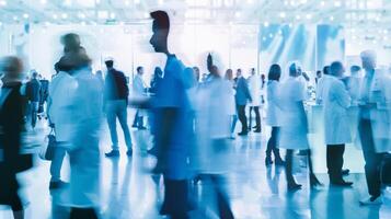 Blurred silhouettes of doctors and nurses can be seen conversing in front of a sea of white expo tables giving the impression of a busy medical conference full of educational panels photo