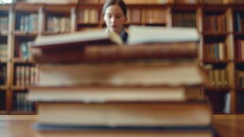 A blurred view of a librarian standing behind a traditional wooden desk but instead of a stack of papers their attention is focused on a tablet as they assist a patron with navigating photo