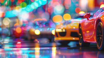 In the defocused background the colorful lights and vibrant displays of the auto show blend into a mesmerizing blur. In the foreground cars of all shapes and sizes are on display with photo