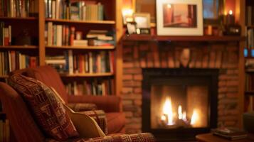 An outoffocus shot of a cozy reading nook complete with armchairs and a fireplace but the shelves next to it are lined not with physical books but with ereaders and tablets loaded photo
