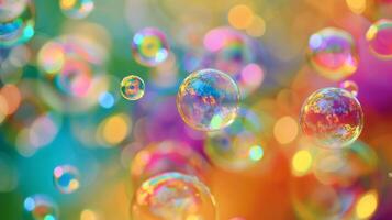 In the defocused background of Childrens Wonderland bursts of rainbowcolored bubbles float amidst a backdrop of lively shapes and patterns inviting little ones to join in on the joyful photo