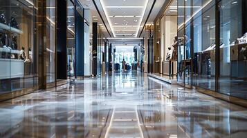Blurred image of a sophisticated shopping destination with sleek glass display cases and highend fashion boutiques lined along a polished marble floor. photo