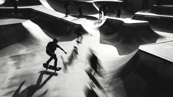 In the background an array of sharp angular skateboard park elements merge into a chaotic blur as darkclad figures zip past blurring the lines between structure and motion. photo