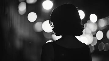 Defocused shadows and blurred lights create a dreamlike Film Noir backdrop with a high contrast of black and white adding to the sense of foreboding. An air of haunting elegance permeates photo