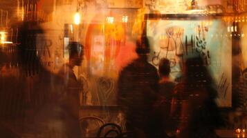 Defocused Stylish Guests Against a backdrop of arthouse movie posters and abstract art pieces the guests of this indie cinema are a fashionable and eclectic mix. As they move about photo