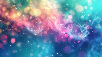 Defocused background image of Animated Features showcasing vivid colors as swirling hues of blues pinks and greens dance in the background creating an otherworldly and fantastical photo