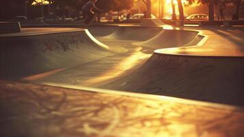 As the sun sets and the streets quiet down the skate park is lit up by a warm and hazy glow creating a serene atmosphere for the skaters to show off their skill. photo