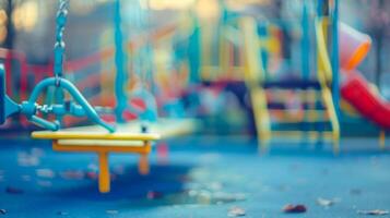Hazy depiction of a lively playground with seesaws and climbing frames blending into the background. The outoffocus effect adds a touch of mystery to the playful scene. photo