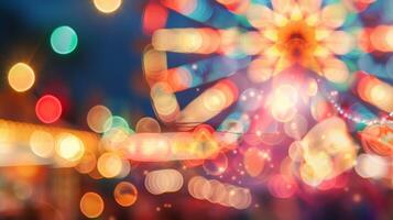 The familiar silhouette of a ferris wheel becomes a blurred abstract shape amidst a bustling carnival atmosphere creating a playful and carefree backdrop. photo