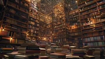 A soft unfocused glow surrounds the towering stacks of books inviting visitors to lose themselves in the boundless realm of knowledge at Infinite Knowledge Showcase. photo