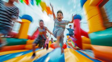 A blurred background of multicolor bounce houses and bouncy castles adding to the energetic chaos and excitement of a group of children jumping for joy. photo