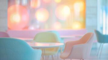 Gentle defocused lights in various pastel shades adorn the background of this bank waiting area giving it a whimsical and inviting feel. The softness of the blurred lights adds a touch photo