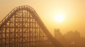 The distant silhouette of a towering roller coaster against a hazy sunlit sky hinting at the thrill of plunging speeds and dizzying drops. photo