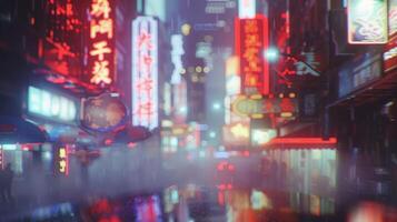 The dark city streets come alive with a hazy blurred backdrop of neon signs creating a whimsical and mesmerizing mirage. photo
