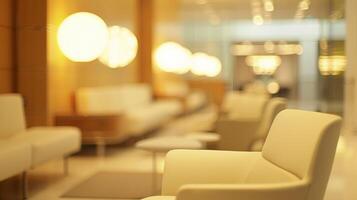 The light blur in the background of this banks waiting area creates a sense of movement and energy while still maintaining a sense of serenity. The out of focus lights add a subtle photo
