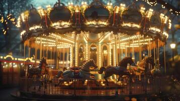 The hazy dreamlike ambiance of a vintage carousel charm its intricate carvings and whimsical animals fading into a blurred magical backdrop. photo