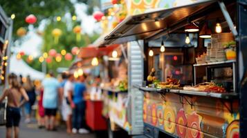 Soft focus on a row of food trucks at the park food fiesta their inviting aromas and vibrant decorations blending together in a dreamy haze while eager patrons place their orders. photo
