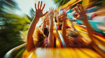Defocused background with a blur of blurry faces and hands raised in excitement capturing the energy and adrenaline rush of a ride on a thrilling roller coaster. photo
