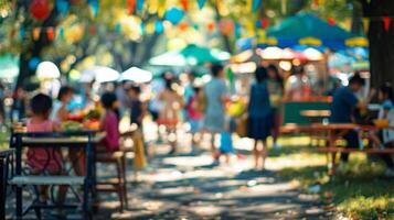 In the background of the park food fiesta the faint blur of children playing and families chatting frame a chaotic assemblage of food stalls inviting you to take a leisurely stroll photo