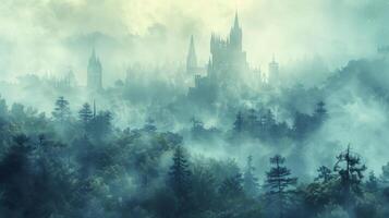 A hazy blurred background of misty forests and ethereal castles evokes a sense of magic and wonder transporting the reader into the realm of fantasy. photo