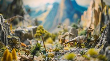 Defocused prehistoric landscape Standing at the edge of a towering mountain range the viewers gaze is drawn to the sharp peaks and jagged cliffs in the background while the foreground photo