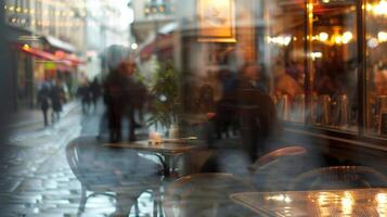 Softly blurred reflections of pedestrians and traffic outside a quaint cafe evoking a sense of peaceful detachment from the hustle and bustle of the outside world. photo