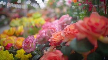Soft outoffocus petals dance between rows of vibrant blooms inviting visitors to lose themselves in the enchanting world of the flower shop. photo