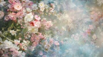 Soft blurred pastel blooms create a whimsical backdrop reminiscent of a peaceful springtime day. photo