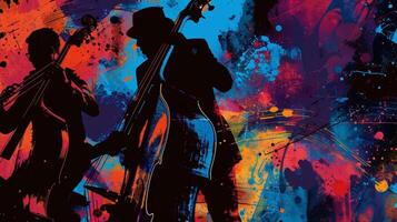 A poster that showcases the key elements of jazz rhythm melody and spontaneity through bold graphics and a lively color scheme inviting guests to join in the fun at the upcoming jaz photo