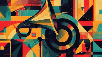 A retro poster for a jazz night displaying an iconic record player jazz instruments and colorful geometric patterns that transport viewers back to the heydays of jazz music photo
